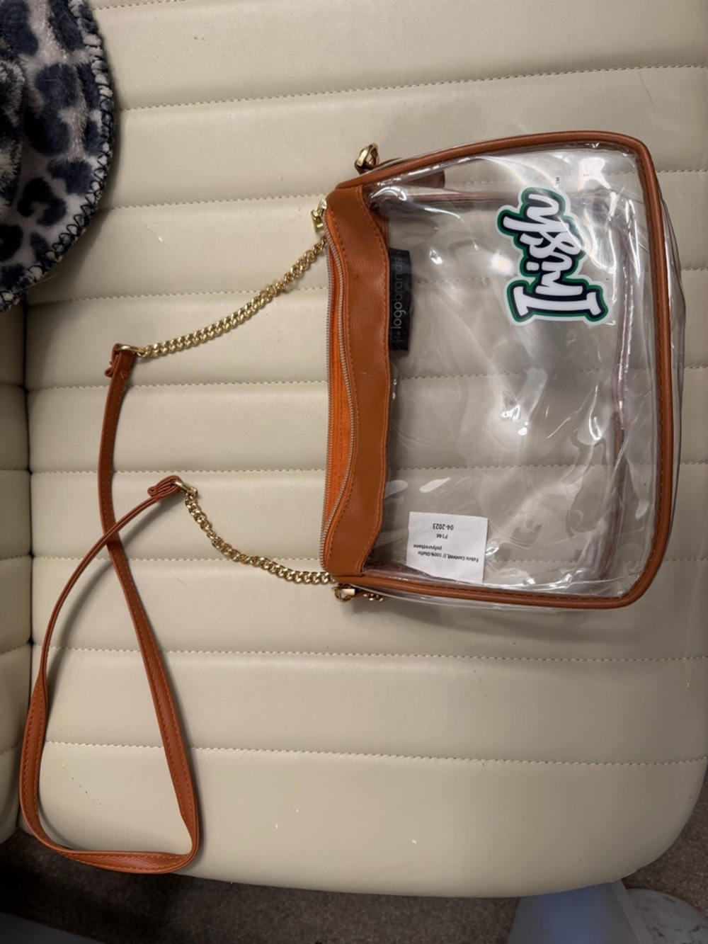 Notre Dame Clear Shoulder Bag with Brown Trim and Gold Chain Strap